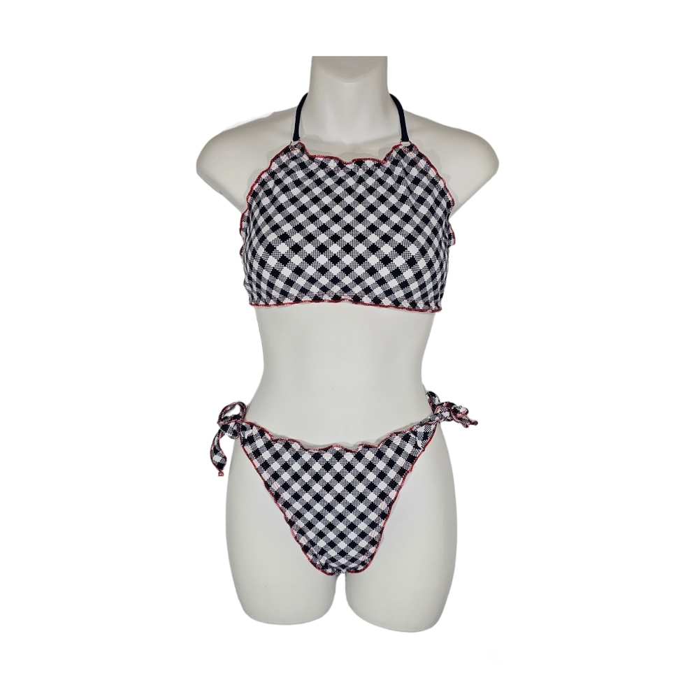 Linda Joia Gingham Halter Bikini Blue Red Size Small Swimwear